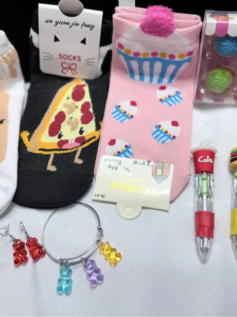25-Piece Junk Food Themed Mixed Lot Fun Foodie Bundle Pens Erasers Socks Jewelry